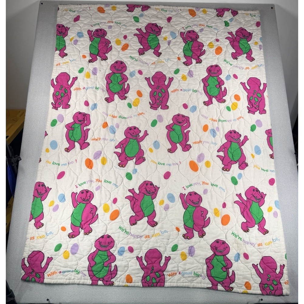 Vintage 90s Barney Dinosaur Blanket Crib Quilted Comforter I Love You 1992 USA